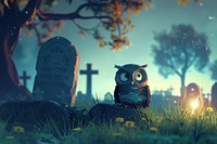 Cute owl at cemetery fantasy background outdoors cartoon anthropomorphic.