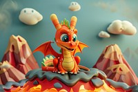 Cute dragon with volcano fantasy background cartoon representation celebration.