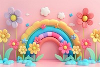 Cute flower garden with rainbow fantasy background cartoon plant celebration.