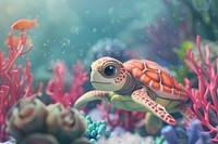 Cute turtle and beautiful corals underwater fantasy background aquarium outdoors reptile.