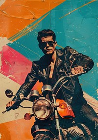Retro collage of a biker man art portrait vehicle.