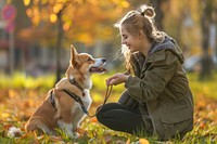 Welsh corgi on a leash dog mammal animal.