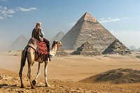 Bedouin on camel pyramid architecture desert.