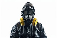 Man wearing radioactive mask adult white background firefighter.