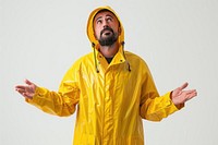 Man wearing raincoat adult gesturing portrait.