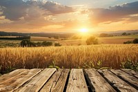 Wooden table background on a blur farm countryside vegetation landscape.