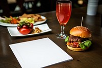 Blank menu mockup burger brunch glass.