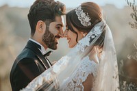 Arabic couple newlywed looking at each other wedding bridegroom person.