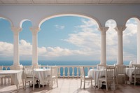 Panoramic restaurant architecture furniture building.