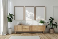 Picture frame mockups sideboard furniture indoors.