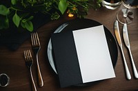 Blank menu mockup table furniture cutlery.