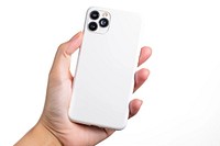Hand holding smartphone white white background photographing.