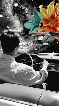 Paper collage of teenager driving flower car.