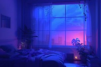A bedroom with the open window furniture lighting purple.