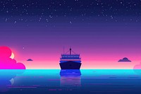 A ship cruising purple night ocean.