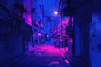 Illustration of CBD night life street purple alley.