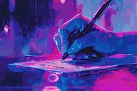 Hand writing a letter purple blue art.