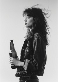 A teenage woman carry a beer bottle photography beverage portrait.