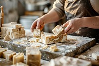 Woman making diy soap woodworking person cheese.