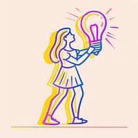 Woman holding big lightbulb drawing sketch line.