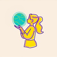 Woman holding earth drawing sketch illustrated.