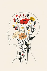 Silhouette head with colorful flowers sketch painting drawing.