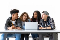 Teenage students furniture studying computer.