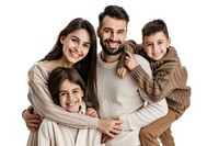 Smiling family sweater adult white background.