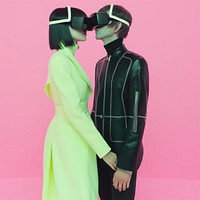 Photograph of couple dating wearing futuristic virtual reality glasses accessories accessory clothing.