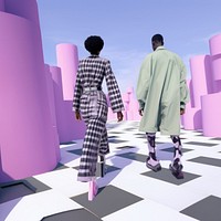 Y2k futuristic fashion photography outdoor of black man and woman walking footwear purple adult.