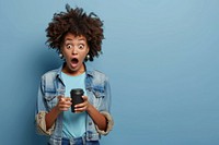 Black woman holding phone and coffee cup surprised person human.