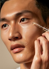 South East Asian man applying facial serum drops skin cosmetics lipstick.