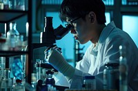 A young Asian male scientist laboratory clothing apparel.