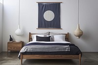 A minimalistic bedroom with an oak wood bed frame lamp furniture indoors.