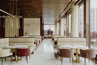 A modern hotel restaurant chandelier building table.