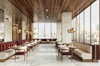 A modern hotel restaurant building architecture furniture.