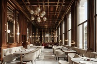 A modern hotel restaurant chandelier building table.