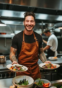 An attractive young chef tattoo plate person.