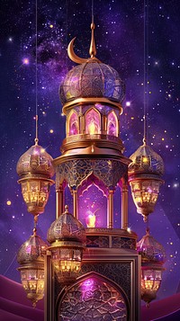 Illustration design Eid Mubarak day purple chandelier lighting.
