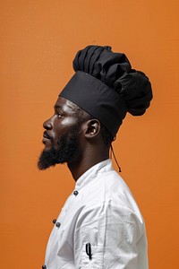 African chef side portrait hairdresser clothing apparel.