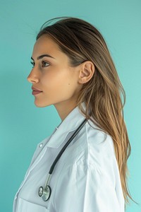 American woman doctor side portrait stethoscope clothing apparel.