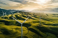 Drone view of wind turbines countryside landscape outdoors.