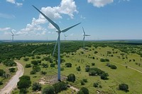 Drone view of wind turbines vegetation outdoors windmill.