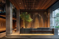 A front desk in the lobby architecture building indoors.