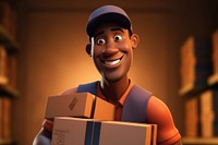 Cartoon delivery guy cardboard box package.