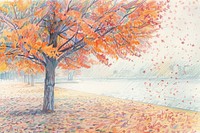 Park in autumn tree illustrated drawing.