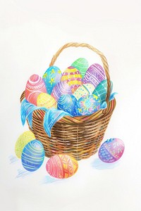 Basket of colourful hand-painted decorated easter eggs balloon person human.