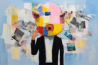 Colorful person holding piggy bank collage art painting.