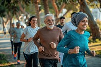 Healthy group of middle eastern aged men and women jogging at park running accessories accessory.