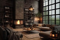 Dark living room loft with fireplace architecture furniture building.